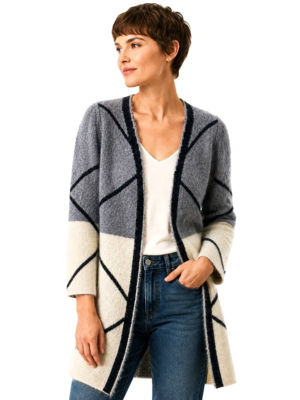 Booba Cream Grey Black Open Front Long Cotton Cardigan